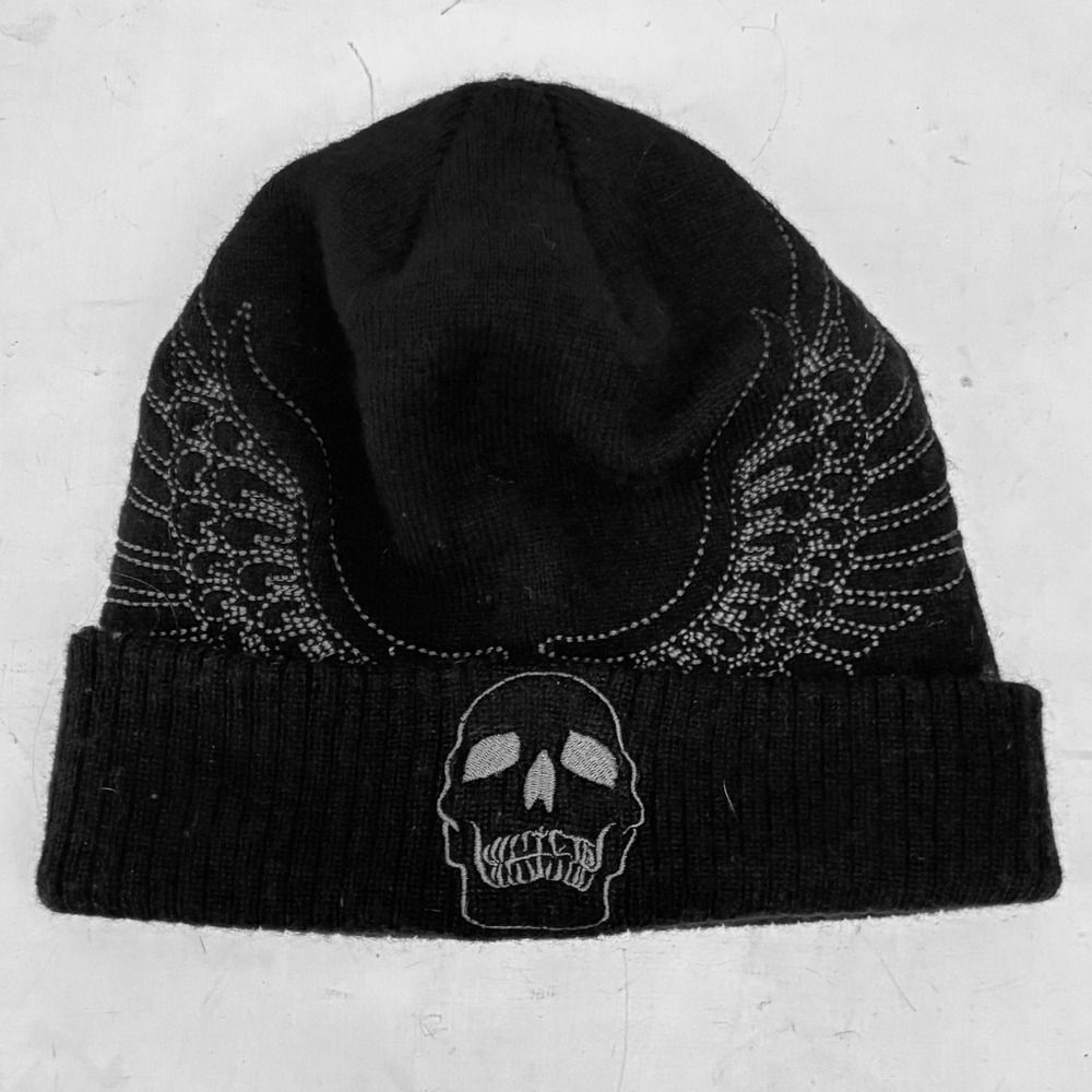 Granule Y2K Black Skull & Wings Knit Ribbed Fold Brim Beanie Hat Mens One Size